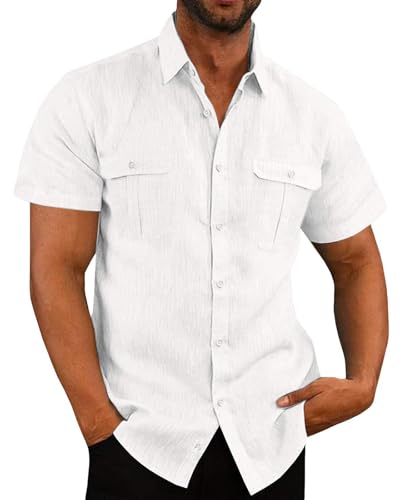 PADOLA Leinenhemd Herren Sommer Hemd Kurzarm Button Down Cargo Arbeitshemd mit Brusttaschen Baumwolle Freizeithemden für Herren Regular Fit Strandhemd Einfarbiges T Shirt (4 Weiß, 2XL) von PADOLA
