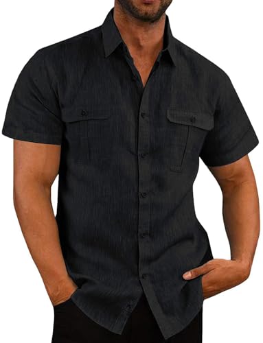 PADOLA Leinenhemd Herren Sommer Hemd Kurzarm Button Down Cargo Arbeitshemd mit Brusttaschen Baumwolle Freizeithemden für Herren Regular Fit Strandhemd Einfarbiges T Shirt (1 Schwarz, 3XL) von PADOLA