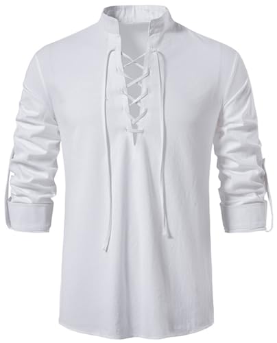 PADOLA Leinenhemd Herren Vintage Mittelalter Hemd mit Schnürung Wikinger Hemd Herren Langarm Steampunk Piratenkostüm Karneval Halloween Kostüm Freizeithemden für Herren Henley Shirt (1 Weiß, M) von PADOLA