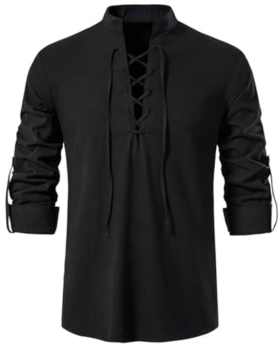 PADOLA Leinenhemd Herren Wikinger Tshirt Herren Langarm Hemd mit Schnürung Piratenkostüm Mittelalter Kostüm Steampunk Vintage Sommerhemd Henley Shirt (1 Schwarz, XL) von PADOLA