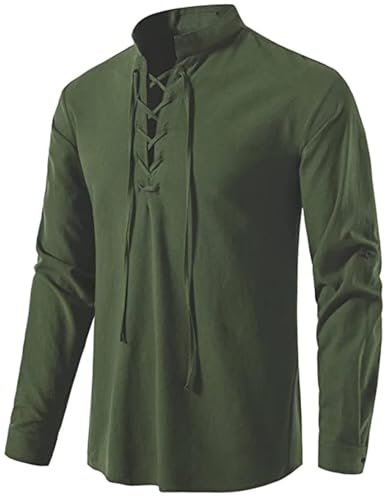 PADOLA Leinenhemd Herren Vintage Mittelalter Hemd mit Schnürung Wikinger Hemd Herren Langarm Steampunk Piratenkostüm Karneval Halloween Kostüm Freizeithemden für Herren Henley Shirt (Armeegrün, XL) von PADOLA