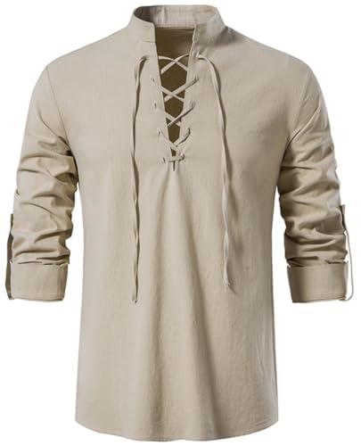 PADOLA Leinenhemd Herren Vintage Mittelalter Hemd mit Schnürung Wikinger Hemd Herren Langarm Steampunk Piratenkostüm Karneval Halloween Kostüm Freizeithemden für Herren Henley Shirt (0 Khaki, 2XL) von PADOLA