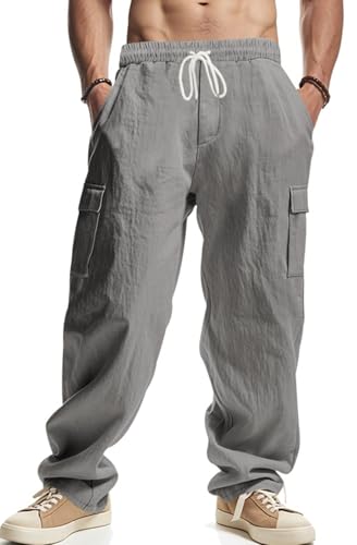PADOLA Leinenhose Herren Lang Leichte Sommerhose Elastische Taille Freizeithose mit 4 Taschen Kordelzug Arbeitshosen Einfarbige Yogahose Loose Fit Strandhose für Urlaub Haushose (2 Grau, XL) von PADOLA