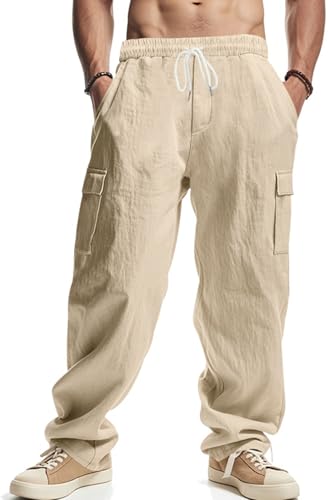PADOLA Leinenhose Herren Lang Leichte Sommerhose Elastische Taille Freizeithose mit 4 Taschen Kordelzug Arbeitshosen Einfarbige Yogahose Loose Fit Strandhose für Urlaub Haushose (1 Khaki, L) von PADOLA