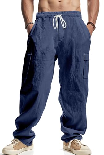 PADOLA Leinenhose Herren Lang Leichte Sommerhose Elastische Taille Freizeithose mit 4 Taschen Kordelzug Arbeitshosen Einfarbige Yogahose Loose Fit Strandhose für Urlaub Haushose (3 Marineblau, 3XL) von PADOLA