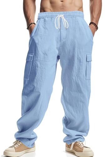 PADOLA Leinenhose Herren Lang Leichte Sommerhose Elastische Taille Freizeithose mit 4 Taschen Kordelzug Arbeitshosen Einfarbige Yogahose Loose Fit Strandhose für Urlaub Haushose (2 Hellblau, 3XL) von PADOLA