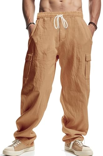 PADOLA Leinenhose Herren Lang Leichte Sommerhose Elastische Taille Freizeithose mit 4 Taschen Kordelzug Arbeitshosen Einfarbige Yogahose Loose Fit Strandhose für Urlaub Haushose (5 Braun, 3XL) von PADOLA