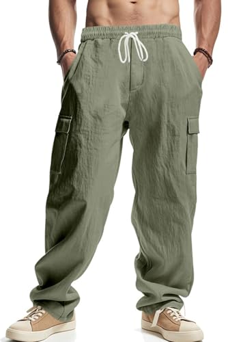 PADOLA Leinenhose Herren Lang Leichte Sommerhose Elastische Taille Freizeithose mit 4 Taschen Kordelzug Arbeitshosen Einfarbige Yogahose Loose Fit Strandhose für Urlaub Haushose (1 Armeegrün, XXL) von PADOLA
