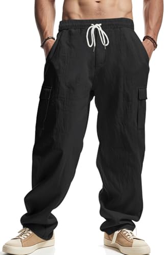 PADOLA Leinenhose Herren Lang Leichte Sommerhose Elastische Taille Freizeithose mit 4 Taschen Kordelzug Arbeitshosen Einfarbige Yogahose Loose Fit Strandhose für Urlaub Haushose (0 Schwarz, XXL) von PADOLA