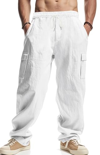 PADOLA Leinenhose Herren Lang Leichte Sommerhose Elastische Taille Freizeithose mit 4 Taschen Kordelzug Arbeitshosen Einfarbige Yogahose Loose Fit Strandhose für Urlaub Haushose (Weiß, L) von PADOLA