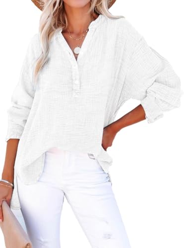 PADOLA Musselin Bluse Damen Baumwolle Blusen Tuniken für Damen Button Down Henley Shirt Plissee Einfarbige Hemdbluse Tshirt Damen Sommer Oversize Shirt Blusenshirt Tunika Tops (1 Weiß, S) von PADOLA