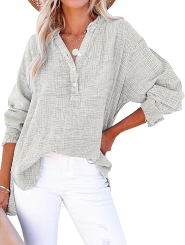 PADOLA Musselin Bluse Damen Baumwolle Blusen Tuniken für Damen Button Down Henley Shirt Plissee Einfarbige Hemdbluse Tshirt Damen Sommer Oversize Shirt Blusenshirt Tunika Tops (2 Hellgrau, 2XL) von PADOLA