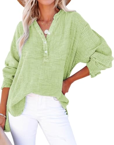 PADOLA Damen Musselin Bluse Baumwolle Blusen Tuniken Button Down Henley Shirt Plissee Einfarbige Hemdbluse Tshirt Sommer Oversize Shirt Blusenshirt Tunika Tops Grün 2XL von PADOLA