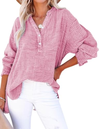 PADOLA Musselin Bluse Damen Baumwolle Blusen Tuniken für Damen Button Down Henley Shirt Plissee Einfarbige Hemdbluse Tshirt Damen Sommer Oversize Shirt Blusenshirt Tunika Tops (3 Pink, S) von PADOLA
