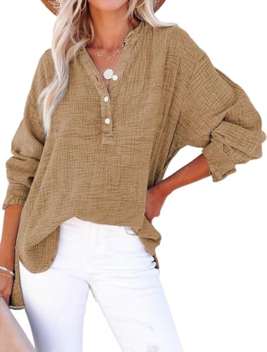 PADOLA Musselin Bluse Damen Baumwolle Blusen Tuniken für Damen Button Down Henley Shirt Plissee Einfarbige Hemdbluse Tshirt Damen Sommer Oversize Shirt Blusenshirt Tunika Tops (4 Braun, 2XL) von PADOLA