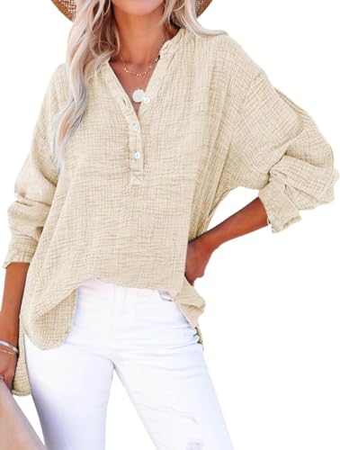 PADOLA Musselin Bluse Damen Baumwolle Blusen Tuniken für Damen Button Down Henley Shirt Plissee Einfarbige Hemdbluse Tshirt Damen Sommer Oversize Shirt Blusenshirt Tunika Tops (5 Beige, XL) von PADOLA