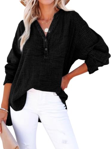 PADOLA Musselin Bluse Damen Baumwolle Blusen Tuniken für Damen Button Down Henley Shirt Plissee Einfarbige Hemdbluse Tshirt Damen Sommer Oversize Shirt Blusenshirt Tunika Tops (6 Schwarz, XL) von PADOLA