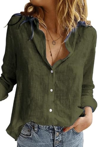 PADOLA Musselin Bluse Damen Sommer Langarm Leinenhemd Button Down Leinenbluse Lässiges Tshirt Elegante Oberteile Leicht und Luftig Hemdbluse Tunika Blusenshirt Basic Shirts Top (4 Armeegrün, M) von PADOLA