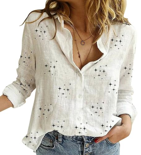 PADOLA Musselin Bluse Damen Sommer Langarm Leinenhemd Button Down Leinenbluse Lässiges Tshirt Elegante Oberteile Leicht und Luftig Hemdbluse Tunika Blusenshirt Basic Shirts Top (Sternen Weiß, 3XL) von PADOLA