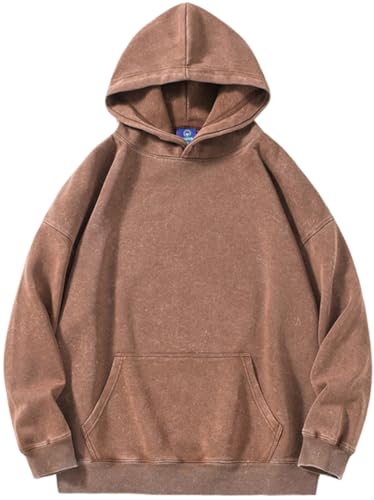 PADOLA Oversize Pullover Damen Ausgewaschene Hoodie Y2K Vintage Sweatshirt Basic Damen Kapuzenpullover mit Fleece Baumwolle Used-Look Übergangspulli Retro Kapuzenjacke Kapuzenpulli (L, 4 Braun) von PADOLA