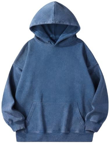 PADOLA Oversize Pullover Damen Ausgewaschene Hoodie Y2K Vintage Sweatshirt Basic Damen Kapuzenpullover mit Fleece Baumwolle Used-Look Übergangspulli Retro Kapuzenjacke Kapuzenpulli (M, Blau) von PADOLA