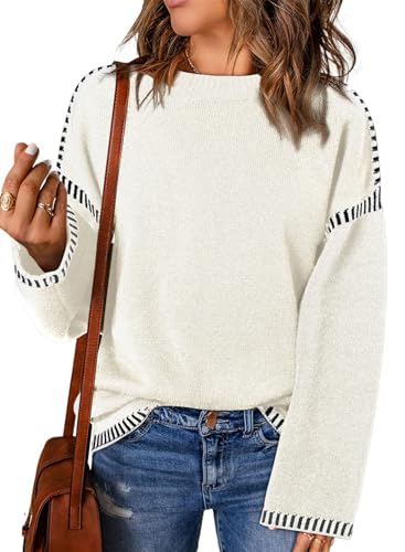 PADOLA Pullover Damen Gestreifter Strickpullover Rundhals Fleecepullover Pullover Herbst Winter Langarmshirt Geripptes Sweatshirt Elegantes Pullunder Casual Basic Strickpulli (L, 4 Weiß) von PADOLA