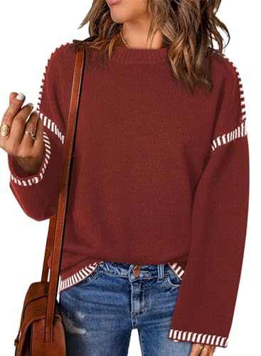 PADOLA Pullover Damen Gestreifter Strickpullover Rundhals Fleecepullover Pullover Herbst Winter Langarmshirt Geripptes Sweatshirt Elegantes Pullunder Casual Basic Strickpulli (M, 1 Weinrot) von PADOLA