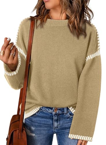 PADOLA Pullover Damen Gestreifter Strickpullover Rundhals Fleecepullover Pullover Herbst Winter Langarmshirt Geripptes Sweatshirt Elegantes Pullunder Casual Basic Strickpulli (M, 2 Khaki) von PADOLA