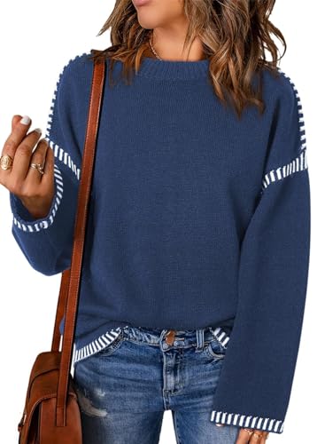 PADOLA Pullover Damen Gestreifter Strickpullover Rundhals Fleecepullover Pullover Herbst Winter Langarmshirt Geripptes Sweatshirt Elegantes Pullunder Casual Basic Strickpulli (S, 0 Marineblau) von PADOLA