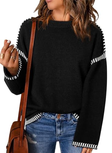 PADOLA Pullover Damen Gestreifter Strickpullover Rundhals Fleecepullover Pullover Herbst Winter Langarmshirt Geripptes Sweatshirt Elegantes Pullunder Casual Basic Strickpulli (S, 3 Schwarz) von PADOLA