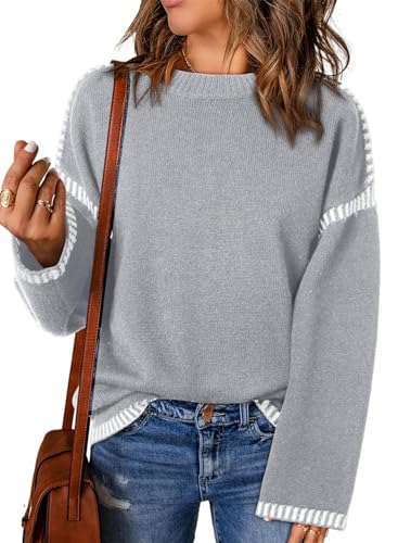 PADOLA Pullover Damen Gestreifter Strickpullover Rundhals Fleecepullover Pullover Herbst Winter Langarmshirt Geripptes Sweatshirt Elegantes Pullunder Casual Basic Strickpulli (S, 4 Grau) von PADOLA