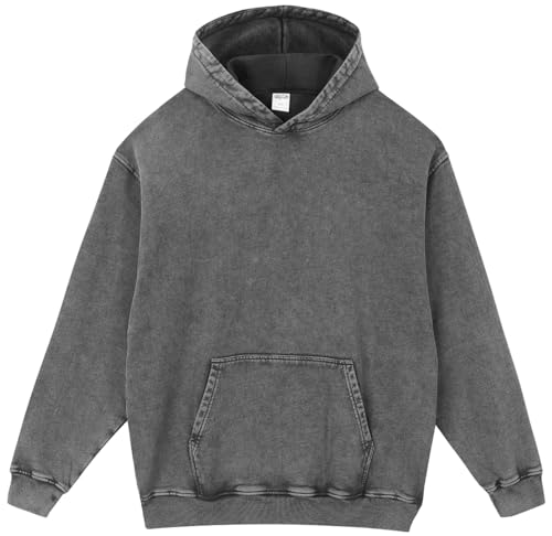 PADOLA Oversized Hoodie Pullover Herren Ausgewaschener Kapuzenpullover Dicke Baumwolle Sweatshirt Y2K Vintage Jacke Used-Look Basic Langarmshirt Rerto Strickjacke Übergangsjacke (2XL, Schwarz) von PADOLA