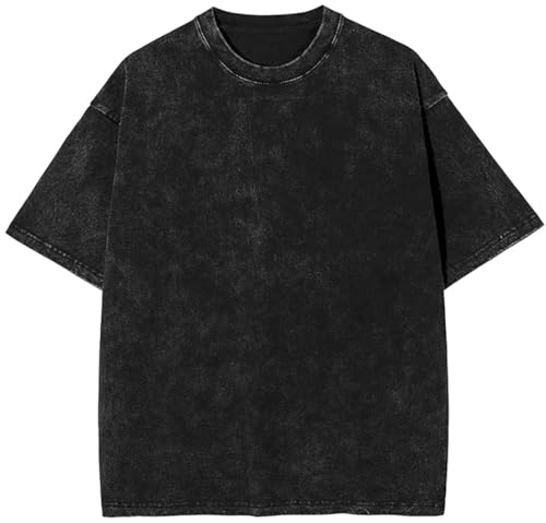 PADOLA Oversized T-Shirts Herren Heavy Baumwolle T-Shirts Ausgewaschene T-Shirt Vintage Look Basic T-Shirts Übergroßes Sportshirt Washed T-Shirt Hip Hop Sommer Top (0 Schwarz, M) von PADOLA