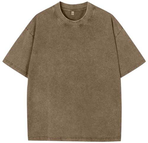 PADOLA T-Shirts für Herren Oversized Tshirt Herren Baumwolle T Shirt Ausgewaschenes Vintage T-Shirt Oversize Shirt Used-Look Basic Tshirt Retro Hip Hop Shirt Übergroßes Sommer Tops (4 Khaki, M) von PADOLA
