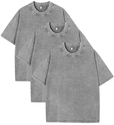 PADOLA T-Shirts für Herren Oversized Tshirt Herren Baumwolle T Shirt Ausgewaschenes Vintage T-Shirt Oversize Shirt Used-Look Basic Tshirt Retro Hip Hop Shirt Übergroßes Sommer Tops (Set 3, 2XL) von PADOLA