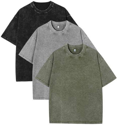 PADOLA Oversized T-Shirts Herren Heavy Baumwolle T-Shirts Ausgewaschene T-Shirt Vintage Look Basic T-Shirts Übergroßes Sportshirt Washed T-Shirt Hip Hop Sommer Top (Schwarz-Grau-Grün, 2XL) von PADOLA