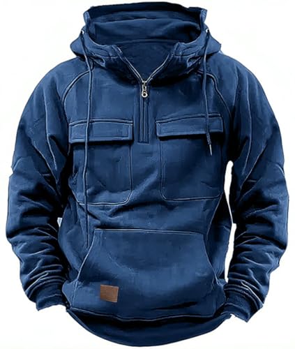 PADOLA Pullover Herren 1/4 Zip Hoodie Cargo Arbeitspullover mit Multi-Taschen Vintage Kapuzenpullover Retro Fleecepullover Langarm Sweatshirt mit Fleece Übergangsjacke Winter (2XL, 4 Dunkelblau) von PADOLA