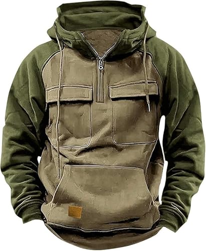 PADOLA Pullover Herren 1/4 Zip Hoodie Cargo Arbeitspullover mit Multi-Taschen Vintage Kapuzenpullover Retro Fleecepullover Langarm Sweatshirt mit Fleece Übergangsjacke Winter (2XL, 8 Khaki Grün) von PADOLA