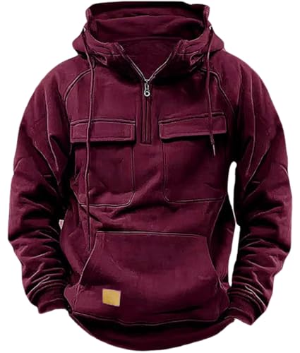 PADOLA Pullover Herren 1/4 Zip Hoodie Cargo Arbeitspullover mit Multi-Taschen Vintage Kapuzenpullover Retro Fleecepullover Langarm Sweatshirt mit Fleece Übergangsjacke Winter (L, 6 Weinrot) von PADOLA