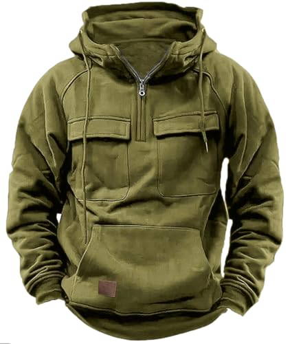 PADOLA Pullover Herren 1/4 Zip Hoodie Cargo Arbeitspullover mit Multi-Taschen Vintage Kapuzenpullover Retro Fleecepullover Langarm Sweatshirt mit Fleece Übergangsjacke Winter (M, 3 Armeegrün) von PADOLA