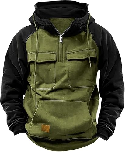 PADOLA Pullover Herren 1/4 Zip Hoodie Cargo Arbeitspullover mit Multi-Taschen Vintage Kapuzenpullover Retro Fleecepullover Langarm Sweatshirt mit Fleece Übergangsjacke Winter (M, 8 Grün Schwarz) von PADOLA