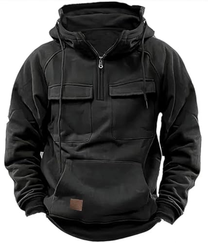 PADOLA Pullover Herren 1/4 Zip Hoodie Cargo Arbeitspullover mit Multi-Taschen Vintage Kapuzenpullover Retro Fleecepullover Langarm Sweatshirt mit Fleece Übergangsjacke Winter (S, 0 Schwarz) von PADOLA
