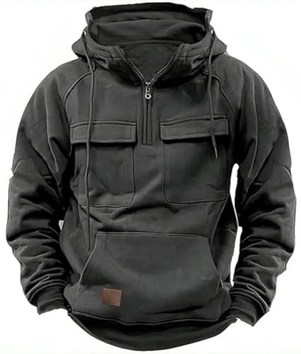 PADOLA Pullover Herren 1/4 Zip Hoodie Cargo Arbeitspullover mit Multi-Taschen Vintage Kapuzenpullover Retro Fleecepullover Langarm Sweatshirt mit Fleece Übergangsjacke Winter (S, 1 Dunkelgrau) von PADOLA
