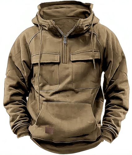 PADOLA Pullover Herren 1/4 Zip Hoodie Cargo Arbeitspullover mit Multi-Taschen Vintage Kapuzenpullover Retro Fleecepullover Langarm Sweatshirt mit Fleece Übergangsjacke Winter (S, 2 Khaki) von PADOLA