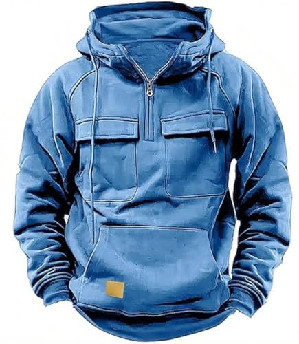 PADOLA Pullover Herren 1/4 Zip Hoodie Cargo Arbeitspullover mit Multi-Taschen Vintage Kapuzenpullover Retro Fleecepullover Langarm Sweatshirt mit Fleece Übergangsjacke Winter (S, 5 Hellblau) von PADOLA