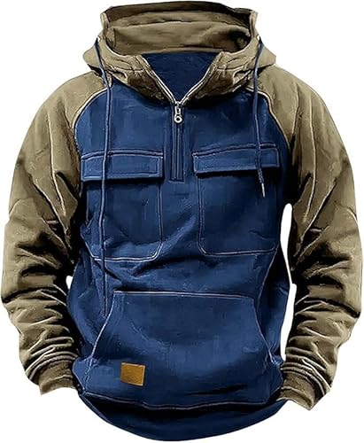 PADOLA Pullover Herren 1/4 Zip Hoodie Cargo Arbeitspullover mit Multi-Taschen Vintage Kapuzenpullover Retro Fleecepullover Langarm Sweatshirt mit Fleece Übergangsjacke Winter (S, Blau Grün) von PADOLA