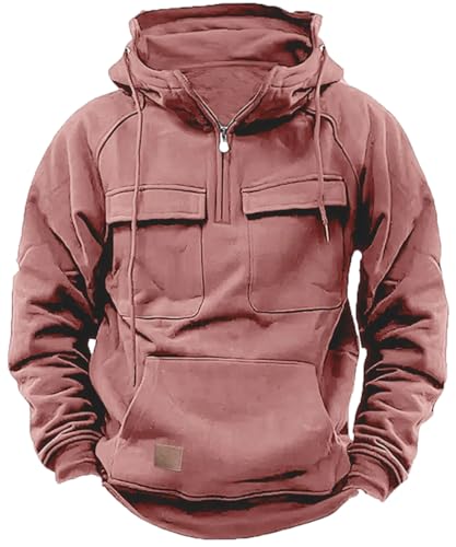 PADOLA Pullover Herren 1/4 Zip Hoodie Cargo Arbeitspullover mit Multi-Taschen Vintage Kapuzenpullover Retro Fleecepullover Langarm Sweatshirt mit Fleece Übergangsjacke Winter (S, 7 Pink) von PADOLA