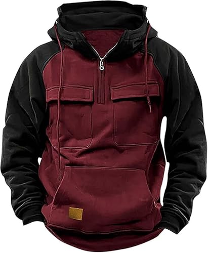 PADOLA Pullover Herren 1/4 Zip Hoodie Cargo Arbeitspullover mit Multi-Taschen Vintage Kapuzenpullover Retro Fleecepullover Langarm Sweatshirt mit Fleece Übergangsjacke Winter (XL, Rot Schwarz) von PADOLA