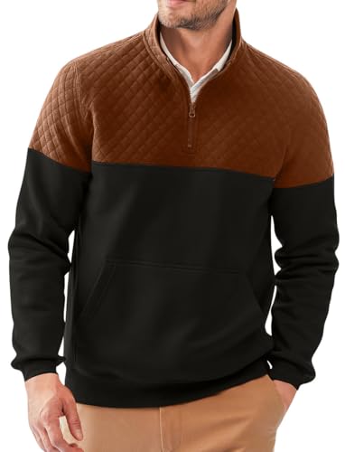 PADOLA Pullover Herren Kent Kragen 1/4 Zip Hoodie Herren Farbblock Sweatshirt mit Fleece Winter Warm Kapuzenpullover Langarm Fleecepullover Patchwork Strickpullover Übergangsjacke (L, 0 Schwarz) von PADOLA