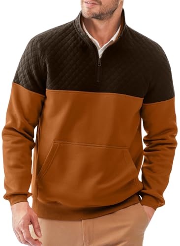 PADOLA Pullover Herren Kent Kragen 1/4 Zip Hoodie Herren Farbblock Sweatshirt mit Fleece Winter Warm Kapuzenpullover Langarm Fleecepullover Patchwork Strickpullover Übergangsjacke (L, Braun) von PADOLA